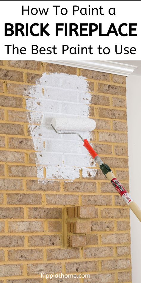 Using a roller with white paint on a brick fireplace Painting Faux Brick Fireplace, Brick Fireplace Paint, Painting A Fireplace, Painted Fireplace, Painted Brick Fireplaces, Fireplace Update, Paint Fireplace, Paint Your House, House Updates