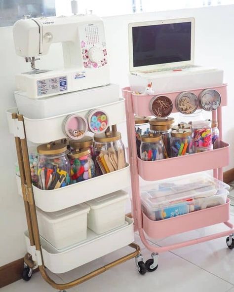 22 Rolling Tiered Cart Organization Ideas » Lady Decluttered Tiered Cart Organization, Cart Organization Ideas, Craft Trolley, Cart Organization, Sewing Room Inspiration, Craft Spaces, Craft Cart, Craft Things, Craft Room Design