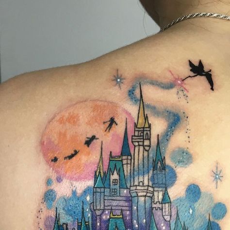 Dee Florian on Instagram: "Dreams do come true! Finally got to tattoo a Disney castle!! 💖 Thank you @destinyd1299 for letting me do your first tattoo and it be this dope idea! #satlikeatank More Disney tatts please!" Disney World Castle Tattoo, Disney Parks Tattoo, Disney Castle Tattoo, Chateau Disney, Disney World Castle, Castle Tattoo, Disney Sleeve, 90s Disney, Disney Tattoo