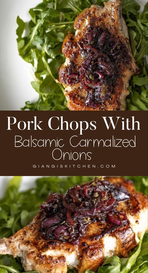 This pork chop recipe is a fail-proof, perfect weeknight dinner for the whole family. The caramelized red onion is softer and sweeter and a great pairing with the balsamic vinegar. You can serve the pork chops on a bed of arugula salad, however, couscous, rice, and roasted vegetables are also good choices of sides for this dish or pork in general. Balsamic Pork Chops, Balsamic Onions, Balsamic Pork, How To Cook Zucchini, Easy Pork, Arugula Salad, Pork Chop, Pork Chop Recipes, Pork Dishes