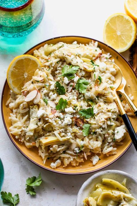 Easy Lemon Artichoke Orzo Salad - Dishing Out Health Artichoke Orzo, Lemon Pepper Shrimp, Lemon Orzo Salad, Dishing Out Health, Artichoke Salad, Greek Chickpeas, Lemon Orzo, Sweet Potato Kale, Orzo Pasta Salad