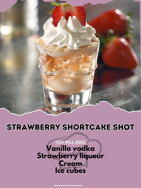 🍓 Savor the sweetness with our Strawberry Shortcake Shot! 🍹✨ #SweetShot #StrawberryLove Strawberry Shortcake Shot Ingredients: Vanilla vodka (1 oz) Strawberry liqueur (1 oz) Cream (1/2 oz) Ice cubes Strawberry slice for garnish Instructions: Combine vanilla vodka, strawberry liqueur, and cream in a shaker. Fill with ice and shake well. Strain into a shot glass. Garnish with a strawberry slice. 🌟 Sweet and creamy, like dessert in a glass! 🍓🍹 #RecipeInspire #DessertShot #StrawberryShortcake Strawberry Liqueur Cocktails, Strawberry Shortcake Shot, Coffe Drinks, Liqueur Cocktails, Strawberry Liqueur, Alcohol Beverages, Desserts In A Glass, Glass Garnish, Dessert Shots