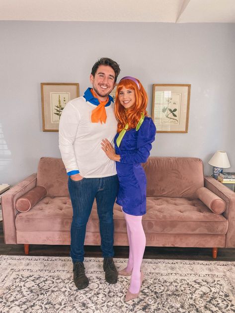 Scooby Couples Costume, Freddy And Daphne Costume Couple, Freddie And Daphne Costume, Diy Daphne Costume Scooby Doo, Freddy And Daphne Costume, Fred Costume From Scooby Doo, Scooby Doo Couple Costumes, Scooby Doo Family Costumes, Diy Daphne Costume