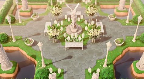 aesthetics & layout inspo! on Instagram: “statue centrepiece 🕊 [🌻] credits to aleumdaunmochi on twitter” Elegant Island Entrance Acnh, Statue Ideas Animal Crossing, Acnh Formal Garden, Acnh Tropicore Entrance, Acnh Statue Garden, Acnh Inspiration, Meteor Garden, Animal Crossing Villagers, Forest Theme