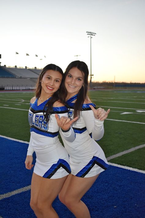 Blue And White Cheer Uniforms, White Cheer Uniforms, Cheer Uniform High School, High School Cheer Uniforms, Dance Team Uniforms, Cheerleading Poses, Cheer Uniforms, Cute Cheer Pictures, Blue Cheer