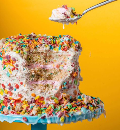 This Fruity Pebbles Cake Is a Whole New Way to Eat Cereal and Milk Cereal Cake, Rainbow Cookie Cake, Chocolate Espresso Cake, Fruity Pebbles Cereal, Baked By Melissa, Pancake Cake, Cake Liner, Colorful Desserts, Popsugar Food