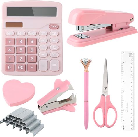 Office Supplies Pink Desk Office Accessories for Women Stapler and 1000pcs Staples Set Standard Function Calculator 12 Digit,Stapler Remover,Measure,Scissor and Tabs,Gifts for Teacher Student Staple Remover, Pink Desk, Calculator, Office Accessories, Office Desk, Office Supplies, Teacher Gifts, Desk, Pink