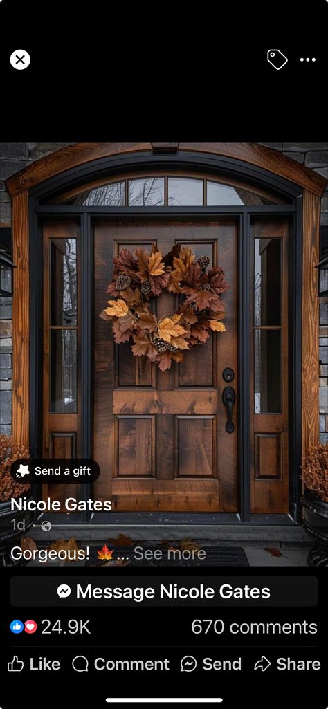 Yellow Brick Houses, Copper House, Black Shutters, Black Front Doors, Brown House, Wood Front Doors, Red Brick House, Porch Entry, Dark Walnut Stain