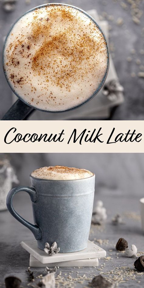 This creamy, rich coconut milk latte is easy to make in under 5 minutes. Espresso mixed with maple syrup, cinnamon and vanilla extract. Topped with frothed coconut milk and an extra sprinkle of cinnamon. Healthy, dairy free and vegan. Coffee Coconut Milk Recipes, Sweet Cinnamon Milk Tea, Infused Milk Recipes, Coconut Cream Coffee Recipes, How To Froth Coconut Milk, Coconut Milk Coffee Recipes, Coconut Milk Cold Foam, Flavored Frothed Milk Recipes, Silk Coconut Milk Recipes