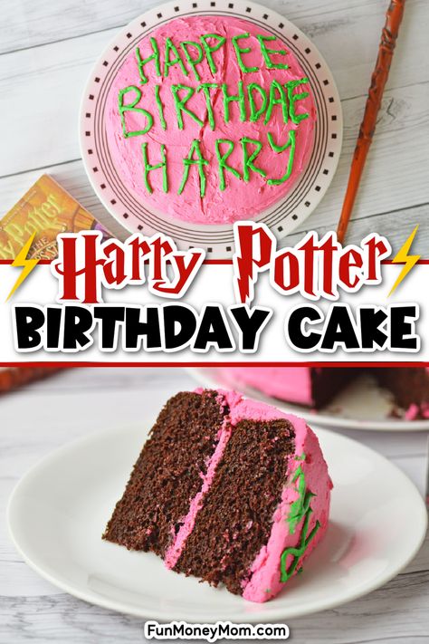 This Harry Potter Birthday Cake is the perfect cake for a Harry Potter party. Covered in a vibrant pink buttercream frosting, it's just like the Hagrid cake that he gave to Harry! Torte Harry Potter, Harry Harry Potter, Hagrid Cake, Happee Birthdae Harry, Harry Potter Snacks, Harry Potter Movie Night, Harry Potter Marathon, Harry Potter Birthday Cake, Smoothie Recipes With Yogurt