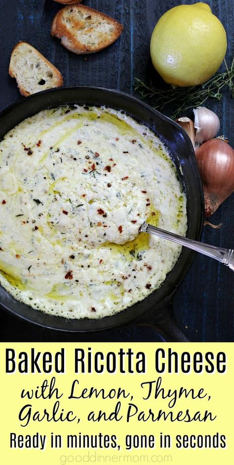 Hearty Appetizers, Baked Ricotta, Lemon Thyme, Party Food Appetizers, Ricotta Cheese, Appetizer Dips, Parmesan Cheese, Yummy Appetizers, Naan