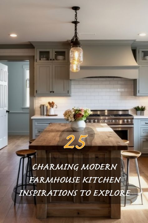 I absolutely love the warm and inviting feel of modern farmhouse kitchens! This design beautifully combines rustic elements with modern conveniences, creating a perfect gathering space. The natural wood island, stylish bar stools, and soft color scheme are simply stunning. Let's explore these inspiring ideas together! Modern Farmhouse Kitchen Island Ideas, Farm Modern Kitchen, Farmhouse Kitchen Island With Seating, Modern Farmhouse Kitchens Joanna Gaines, Natural Wood Island, Rustic Farmhouse Kitchen Island, Rustic Kitchen Island Ideas, Modern Farmhouse Kitchen Design, Modern Farmhouse Kitchen Island