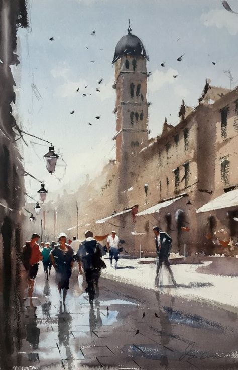 Painting References, Watercolor City, Watercolor Architecture, Umbrella Art, People Walking, Cat Air, Watercolor Painting Techniques, 수채화 그림, Watercolor Landscape Paintings