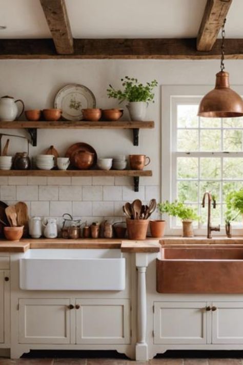 Rustic kitchen with wooden shelves holding pottery, a farmhouse sink, copper accessories, and herbs by a window. French Farmhouse Kitchen Backsplash, Organic Modern French Country, French Modern Kitchen Design, French Cottage Kitchens Inspiration, Kitchen Brick Floor, French Oak Kitchen, French Kitchen Ideas, French Parisian Kitchen, Earthy Kitchen Ideas