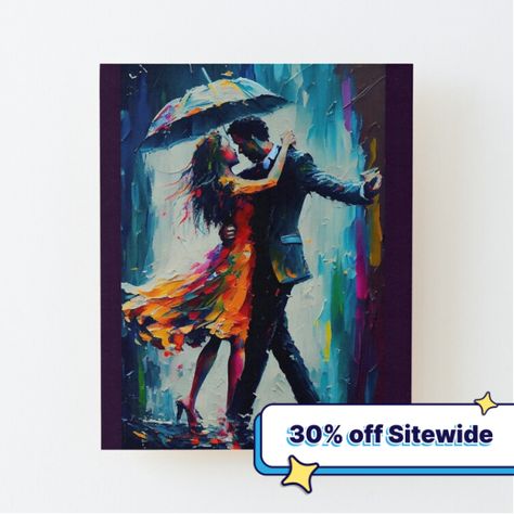 Wall-ready birch plywood print 1/4 inch (6mm) thick with rounded corners Wood grain may be visible through print Mount directly to the wall using 3M tabs Wood spacer helps print stand out 3/4 inch (2cm) from the wall. Experience the romance and emotion of a loving couple dancing in the rain with this beautiful abstracted oil painting. Couple Paintings On Canvas, Rain Sticker, Couples Canvas Art, Couple In Rain, Beginners Painting, Rain Design, Art Showcase, Couple Painting, Round Canvas