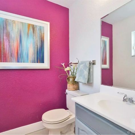 Fuschia Bathroom, Pink Accent Wall, Hot Pink Bathroom, Residential Bathroom, Pink Accent Walls, Pink Rooms, Wynwood Miami, Downstairs Loo, Bathroom Remodels