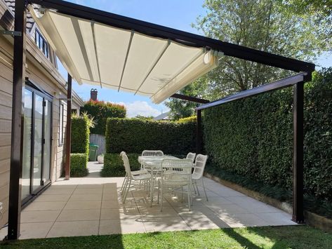 Oztech Retractable Roof Systems NZ Backyard Overhang Ideas, Pergola Open And Close, Wood Pergola With Retractable Canopy, Pergola With Cover, Pergola With Retractable Shade, Pergola For Privacy, Metal Pergola With Roof, Awning Ideas Patio Retractable Pergola, Slanted Pergola Attached To House