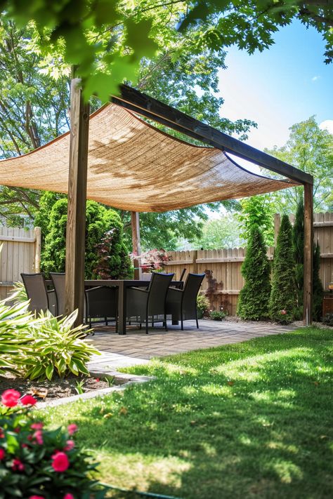 Shade For Terrace, Shade Sails Backyard, Shade Sails For Deck, Shade Ideas For Garden, Small Backyard Shade Ideas, Sun Shade Sail Ideas Backyards Diy, Shade Pergola Ideas, Backyard With Sunsail, Shade Canopy Ideas