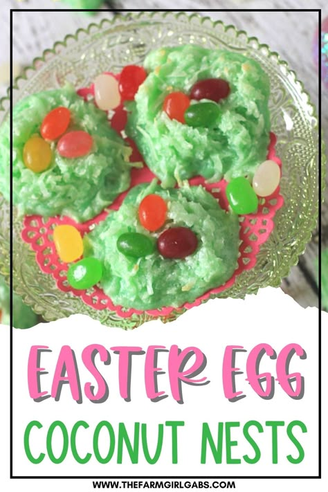 Easter Egg Coconut Nests - These light and fluffy macaroons are filled with colorful jelly beans. These easy cookies are an adorable Easter and spring recipe. Looking for an Easter activity that kids will enjoy assembling and eating? Try these sweet birds nest cookies. They're a snap to make and call for just a few ingredients. Easter Egg Nest Cookies, Coconut Nests, Easter Candy Recipes, Low Calorie Sweets, Birds Nest Cookies, Easter Egg Nest, Easy Easter Treats, Coconut Macaroon, Jelly Beans Easter