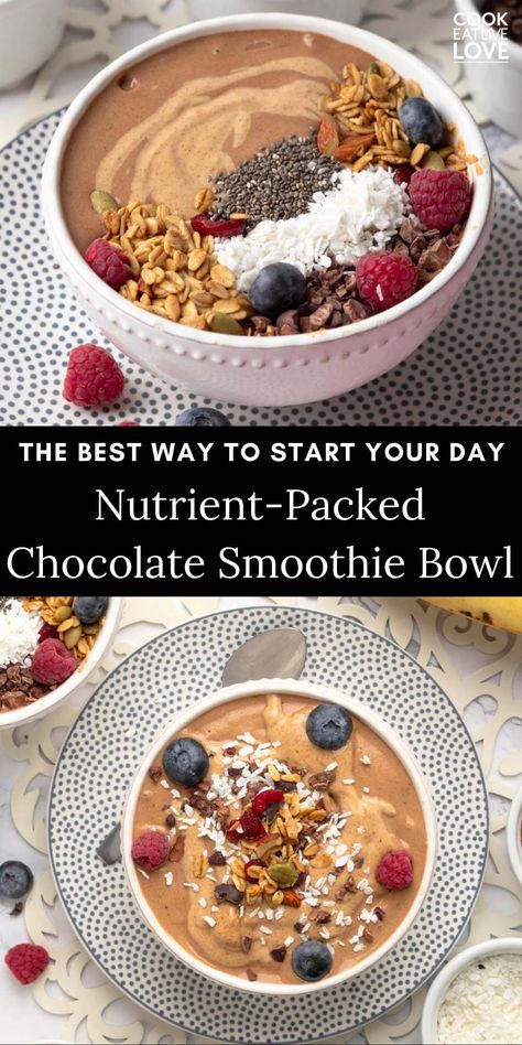 Start your day with this deliciously creamy and wholesome Chocolate Smoothie Bowl! It’s a healthy breakfast idea packed with nutrients, thanks to creamy frozen bananas, cacao, and almond butter. Ready in just 10 minutes, this plant-based smoothie bowl is perfect for a quick, nourishing breakfast that tastes like a chocolatey treat. Top with your favorite fruits, nuts, and seeds for extra texture and flavor. #breakfastbowl #healthybreakfast Nourish Breakfast Bowl, Plant Based Bowls Healthy, Frozen Fruit Smoothie Bowl, Cacao Powder Smoothie, Breakfast Smoothie Bowl Recipes, Meal Bowls, Nourishing Breakfast, Superfood Smoothie Bowl, Blueberry Smoothie Bowl