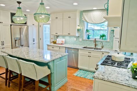 Kevin Thayer Interior Design | House of Turquoise | Bloglovin’ Aqua Kitchen Walls, Wooden Backsplash, Turquoise House, Table Stools, Aqua Kitchen, Coastal Kitchen Design, Dark Marble, Floor Renovation, Farmhouse White