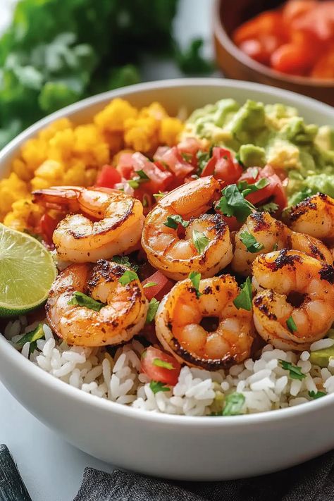 Fiesta Shrimp Rice Bowl Recipe - Seafood Rice Bowl, Fiesta Shrimp, Shrimp Rice Bowl Recipe, Shrimp Rice Bowl, Shrimp Bowls, Shrimp Bowl, Rice Bowl Recipe, Shrimp Rice, Shrimp Sausage