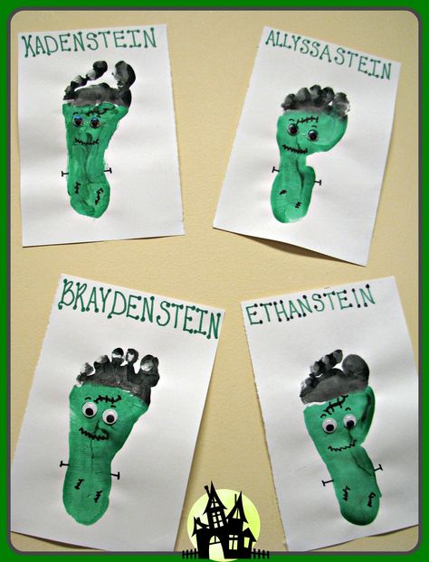 Frankenstein Footprint Halloween Preschool Crafts Easy, Halloween Infant Activities, Halloween Art Infants, Frankenstein Crafts For Toddlers, Frankenstein Footprint Art, Halloween Nicu Crafts, Footprint Frankenstein, Frankenstein Feet Craft, Frankenstein Crafts For Kids