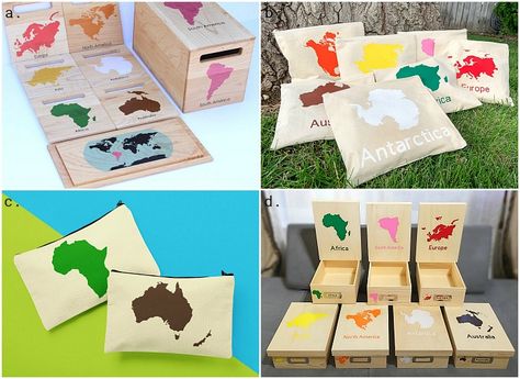 Continent Boxes, World Puzzle, Montessori Preschool, Common Phrases, Small Figurines, Box Houses, Photographs Of People, Round Box, Travel Brochure