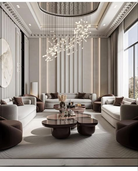 Luxury Sitting Room Design, Luxury Double Height Living Room, Luxury Living Room Designs Modern Interiors Inspiration, Luxury Balcony Design, Sofa Living Room Luxury, Double Height Chandelier, Living Room Luxury Modern, Lobby Inspiration, Transitional Style Living Room