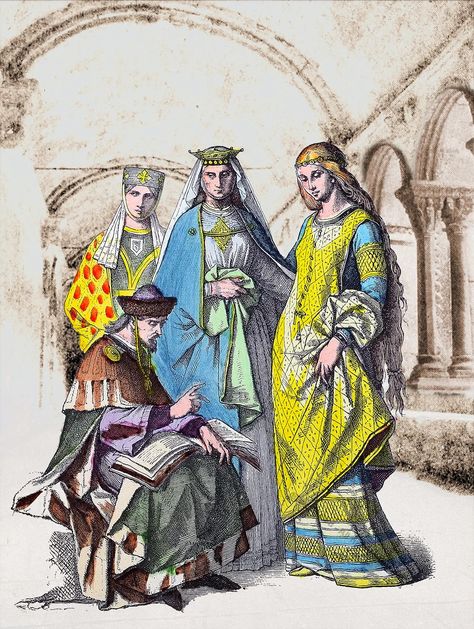 German Gothic Fashion. Noble ladies in the cotehardie. Prince in the houppelande. On the history of costumes. Medieval Garb of German Noble Ladies and a Duke, 13th century. 1200s Fashion, 13th Century Fashion, German Dresses, 13th Century Clothing, 1500s Fashion, Medieval Germany, Medieval Costumes, Historical Sewing, Germany Fashion