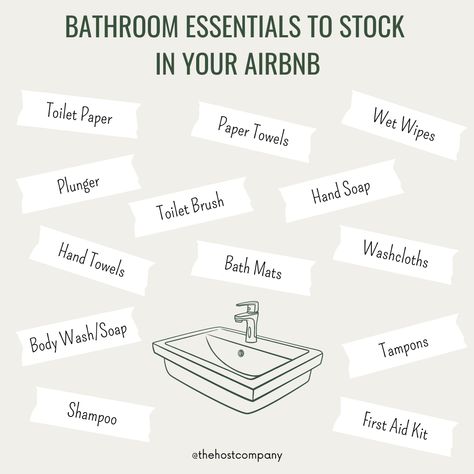 Airbnb Stocking List, Airbnb Shopping List, Airbnb List Of Items, Airbnb Host Aesthetic, Air Bnb Bathroom, Airbnb Host Ideas, Air Bnb Ideas Decor, Bathroom Essentials Checklist, Superhost Airbnb