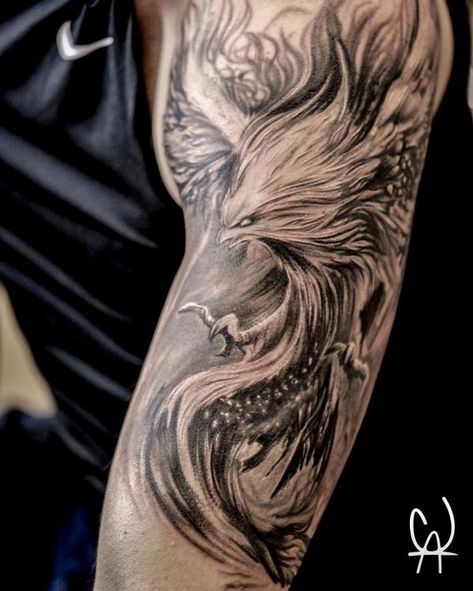 40 Beautiful Phoenix Tattoo Designs | Cuded Realistic Phoenix Tattoo, Beautiful Phoenix Tattoo, Tattoo On Upper Arm, A Phoenix Tattoo, Upper Arm Tattoos For Guys, Phoenix Tattoo Men, Phoenix Tattoo Sleeve, Watercolor Phoenix Tattoo, Phoenix Tattoo For Men