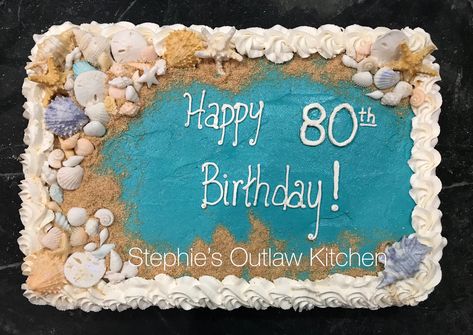 80th birthday cake. Beach theme with edible fondant shells. 80th Birthday Beach Theme, Birthday Cake Beach Theme, Birthday Cake Beach, Fondant Shells, Beach Theme Birthday, 80th Birthday Cake, 80th Birthday Party Decorations, Ocean Theme Birthday, Beach Cake