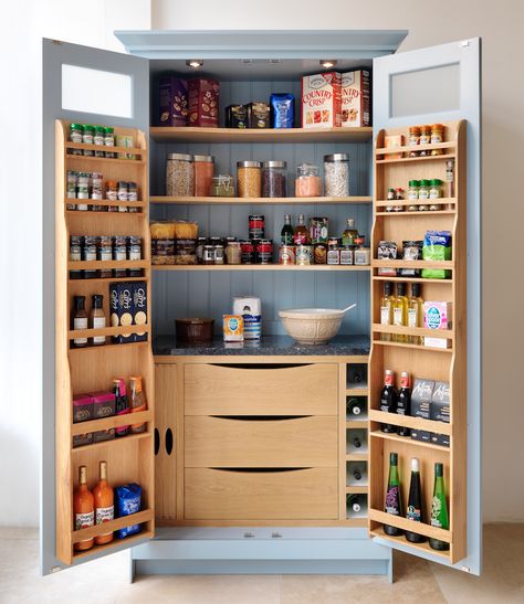 Our Shaker Pantry Larder, with granite cold shelf, wine rack, deep oak storage drawers, removable trays and useful door racks. www.harveyjones.com  #kitchendesign #kitchenstorage Pantry Larder, Drinks Cupboard, Kitchen Larder, Kabinet Dapur, Kitchen Pantry Design, Cleaning House, Diy Kitchen Storage, Kitchen Food Storage, Gorgeous Kitchens