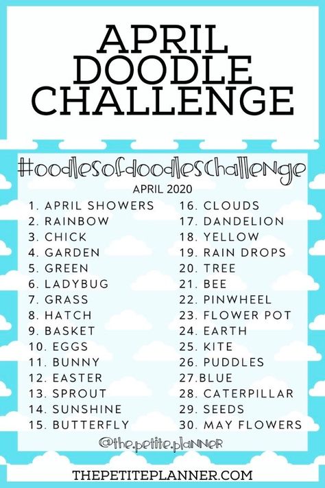 April Doodle Challenge 2020 (with Printable) ⋆ The Petite Planner Doodle Challenge, 30 Day Art Challenge, High School Art Lesson Plans, 30 Day Drawing Challenge, April Art, Journal Challenge, Art Journal Prompts, Drawing Ideas List, Art Therapy Projects