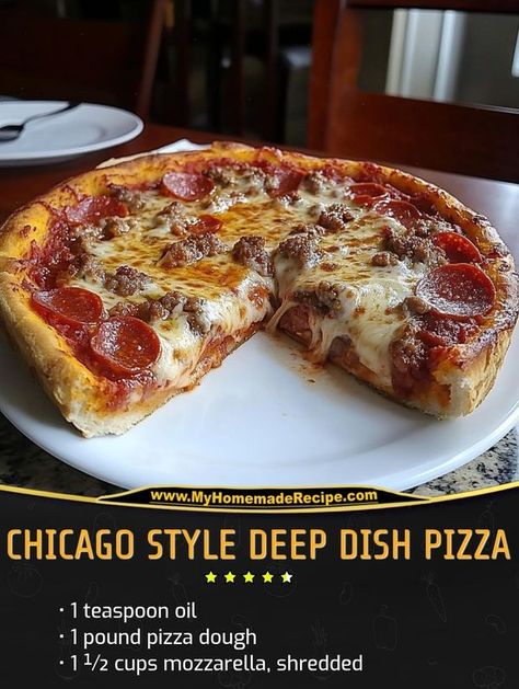 Easy and tasty recipes | HOMEMADE CHICAGO STYLE DEEP DISH PIZZA | Facebook Chicago Style Pizza Recipe, Homemade Chicago Style Deep Dish Pizza, Detroit Deep Dish Pizza Recipe, Deep Dish Pizza Cast Iron, Chicago Pizza Recipe, Chicago Deep Dish Pizza Recipe, Specialty Pizza, Pizza Variety, Detroit Pizza