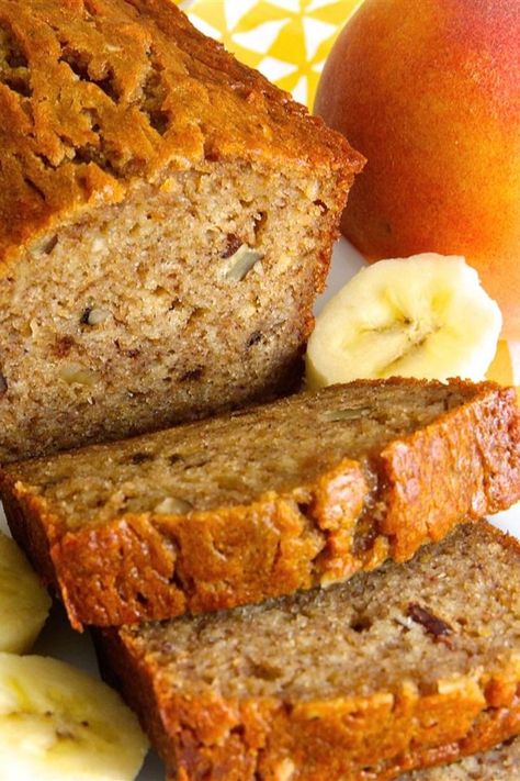 Banana Peach Dessert, Double Banana Bread Recipe, Peach Banana Recipes, Banana Peach Bread Recipe, Banana Peach Muffins, Peach And Banana Recipes, Peach Bread Recipe Easy, Peach Banana Bread, Peach Bread Recipe