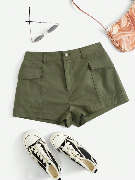 Army Green Casual Collar  Woven Fabric Plain Straight Leg Embellished Non-Stretch  Women Clothing Green Cargo, Women Shorts, Amy Winehouse, Green Shorts, Amazing Products, Flap Pocket, Cargo Shorts, Army Green, Woven Fabric