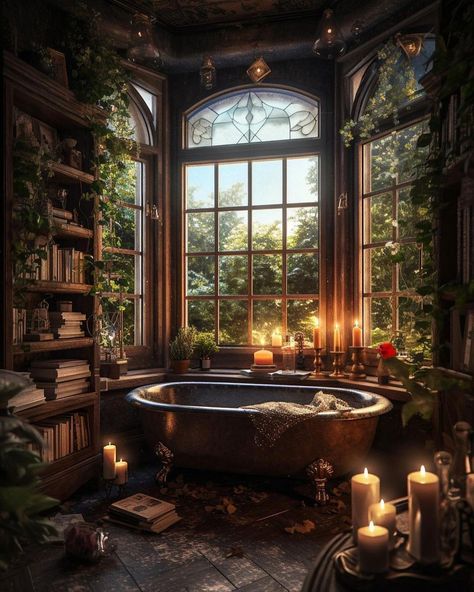 HOME 💯 on Instagram: "Which one do you like the most? 1,2,3,4,5, or 6? 😍✨📚 📸: @lulumoonowlbooks #bathroomdesign #bathroomdecor #bathtub #library #librarylife…" Cottagecore House Interior, Gothic Bathroom Ideas, Dark Cottagecore House, Gothic Cottage, Gothic Bathroom, Cottagecore House, Dark Cottage Core, Cottagecore Home, Fantasy Rooms