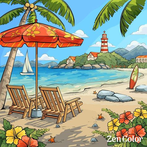 Seaside Drawing, Sunny Day Illustration, Beach Umbrella Art, Summer Sketches, 3d Butterfly Wall Art, Beach Drawing, Summer Wallpapers, Zen Colors, Amazing Spiderman Movie