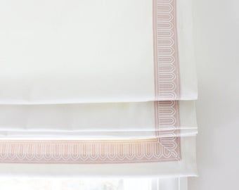 Pink Roman Shades, Roman Shades Bathroom, Pink Roman Blinds, White Roman Shades, Coral Curtains, Small Sitting Rooms, Blush Curtains, Nursery Window Treatments, Custom Drapery Panels