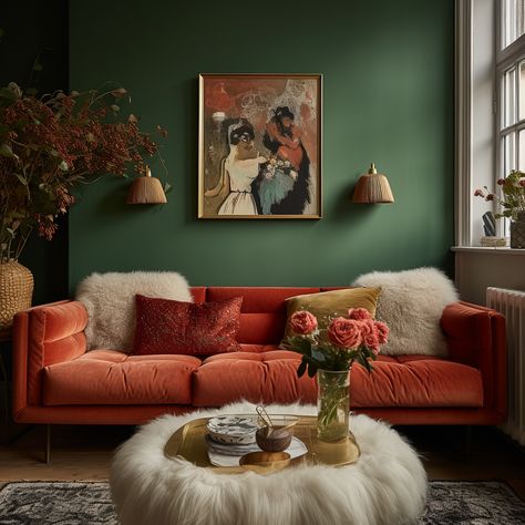 "Experience the harmonious blend of the ultra-soft white sheepskin cushions and the rich texture of the ochre velvet cushion, all set against the bold backdrop of a sumptuous red sofa. 🌹 Don't forget to use the code CMC10 for an exciting 10% off on your purchase. Elevate your decor game now! 🎈" #cushioncover #cushion #cushions #cushioncovers #homeinspo #homedeco #luxurydecor #sofastyling #interiorgoals. Red Couch Green Walls, Mid Century Chic Living Room, Red Sofa Green Wall, Living Room Velvet Sofa, Red Sofa Interior, Rust Colored Sofa, Rust Velvet Couch, Rust Sofa Living Room Color Schemes, Coloured Sofa Living Room