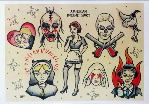 I want every tattoo on this flash sheet Movie Tattoo Flash, Clown Flash, Traditional Tattoo Art Flash, Horror Tattoo Flash, American Horror Story Tattoo, Art Traditional Tattoo, Flash Painting, American Horror Story Art, Horror Tattoos