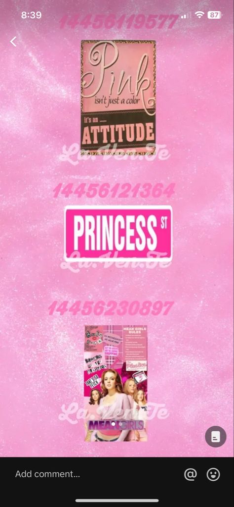 Bloxburg Custom Decorations, 2000s Bloxburg Poster Codes, Bloxburg Nicki Minaj Poster Codes, Bloxburg 2000s Room, Bape Decal Bloxburg, Y2k Bedroom Bloxburg, Bloxburg House Ideas Y2k, Princess Berry Ave Codes, Y2k Room Bloxburg