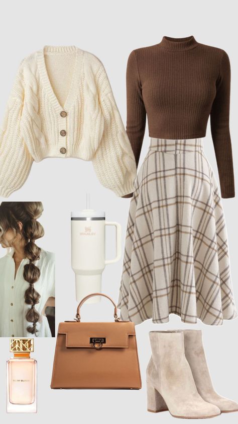 Autumnal Skirt Outfits, Modest Baddie Outfits For School, Fall Modesty Outfits, Cream Tweed Skirt Outfit, Vintage Romantic Aesthetic Outfits, Outfit Ideas With Brown Skirt, Bookworm Outfit, Autumn Skirt, Fall Night