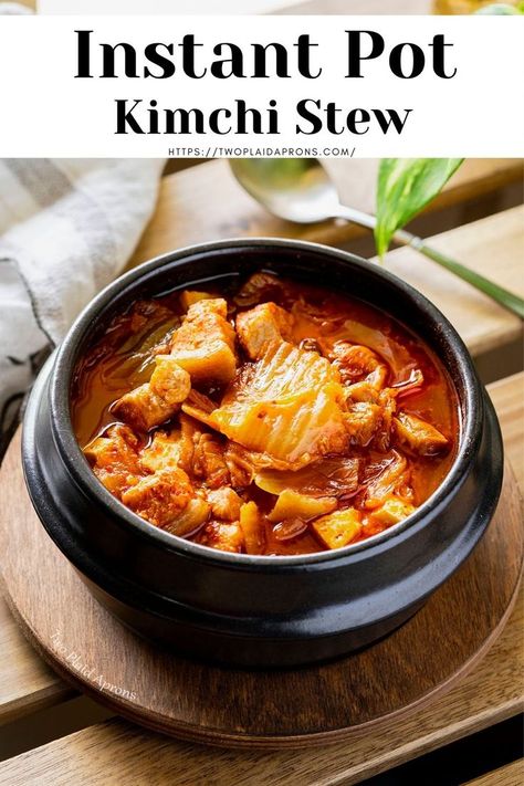 This Instant Pot Kimchi Jjigae is super easy to make and you can have dinner or lunch ready in no time. This kimchi stew only needs kimchi and pork, but you can add tofu, and whatever elese you like! Just serve with a bowl of rice and enjoy! #kimchi #jjigae #stew #instantpot #easy #recipe Kimchi Stew Recipe, Jjigae Recipe, Dolsot Bibimbap, Pork But, Kimchi Jjigae, Kimchi Stew, Fermented Kimchi, Bowl Of Rice, Pork Stew