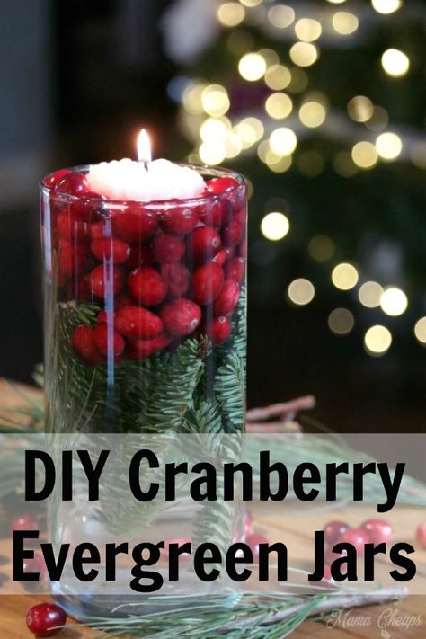 Simple yet elegant, classic farmhouse style decor (especially if you make these up in mason jars). We make these DIY cranberry evergreen jars every year for our holiday table centerpieces. Place a floating candle on the top and light it just before your guests arrive. A beautiful, colorful way to decorate for the Christmas season! #christmas #farmhouse #mamacheaps Evergreen Decorations, Cranberry Centerpiece, Winter Wedding Centerpieces, Holiday Table Centerpieces, Deco Table Noel, Christmas Centerpieces Diy, Wedding Floral Centerpieces, Festival Diy, Navidad Diy