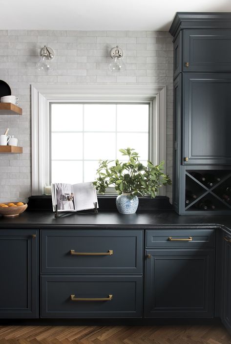 My Top 5 Favorite Room Reveals (And Emmett's Too!) - Room for Tuesday Moody Kitchen, Soapstone Countertops, Dark Countertops, Registry Checklist, Kitchen Glass, Dark Kitchen, Classic Kitchen, Blue Cabinets, Dark Kitchen Cabinets