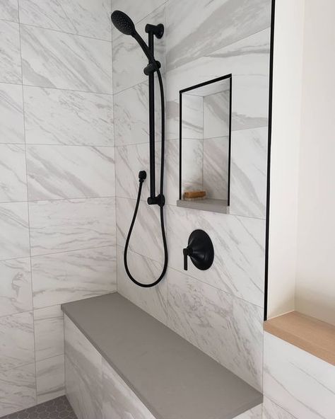 Shower Niche Black Trim, White Tiles Black Trim, Shower Niche Schluter Edge, Black Schluter Tile Edge, Shower Niche Under Shower Head, Black Trim Bathroom Ideas, Schluter Shower Niche, Tile Schluter Edge, Black Schluter Tile Edge Showers