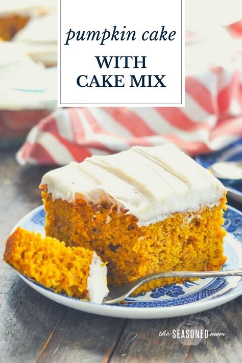 Thanks to help from a box of yellow cake mix and vanilla pudding, this easy pumpkin cake recipe comes together in minutes. Topped with cinnamon cream cheese frosting, the perfect fall dessert tastes like it's made from scratch! Cake Mix And Vanilla Pudding, Cake Mix And Pudding, Easy Pumpkin Cake, Cake Pucks, Pumpkin Cake Mix, Pumpkin Cake Recipe, Pumpkin Cake Easy, Yellow Cake Mix Recipes, Cake Mix Muffins